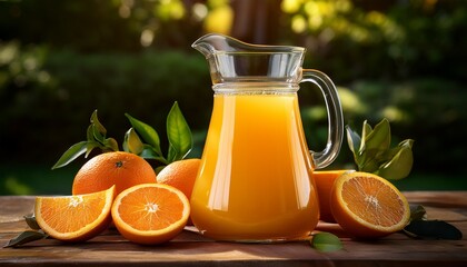 Orange Juice In A Jug A Refreshing Image Captures A Glass Jug Brimming With Vibrant Orange Juice Accompanied By Fresh Orange Wedges Evoking A Sense Of Refreshment And Vitality