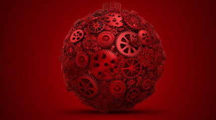 A creative vector illustration of a red Christmas ball made from interlocking gears, displayed on a clean red background.
