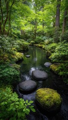 A tranquil garden stream flows through lush greenery, showcasing smooth stones for a peaceful stroll.
