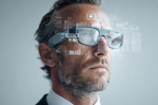 Senior man in smart glasses with holographic data interface for futuristic technology concept - Powered by Adobe