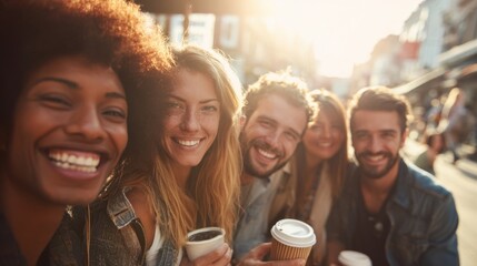 Obraz premium Group of Five Young Friends Smiling Enjoying Coffee Outside in Bright Sunlight.