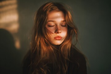 Fototapeta premium Close-up portrait of a young woman with long wavy hair and closed eyes in warm lighting.