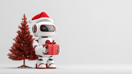 White Robot in a Santa Claus hat holds a red Bag of gifts , with christmas tree and  decorations