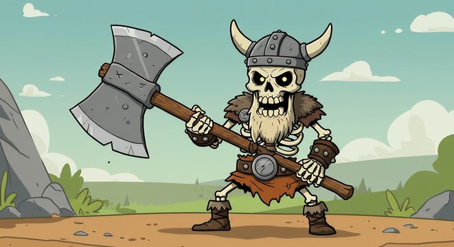 Fototapeta Cartoon skeleton warrior with axe