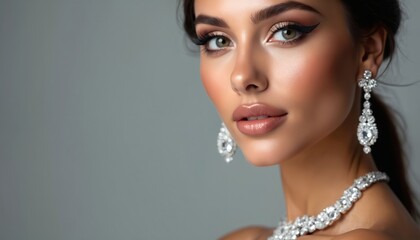 Glamorous brunette model poses in soft studio light wearing diamond necklace, earrings. Elegant woman with pro make-up, styled hair showcases exquisite jewelry. Beauty, fashion campaign portrait.