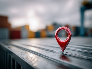 Red location marker symbolizing navigation and tracking placed on a shiny metal surface with blurred urban containers and cloudy sky in the background during sunset