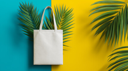 White tote bag mockup with green palm leaves on blue and yellow background, showcasing tropical style, eco-friendly design, and vibrant aesthetics.