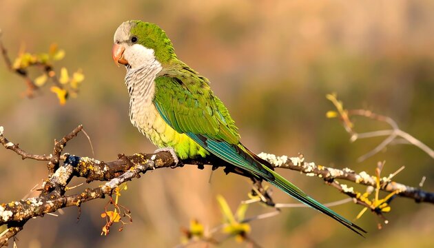 A vibrant green parrot perched on a branch