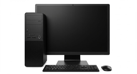 Fototapeta premium Sleek Black Desktop Computer Setup: High-Resolution Image of Modern PC Tower, Monitor, Keyboard, and Mouse - Perfect for Technology, Business, and Office Presentations. This professional-grade ima...