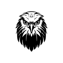 A bold, symmetrical black and white illustration of a fierce eagle's head staring forward.
