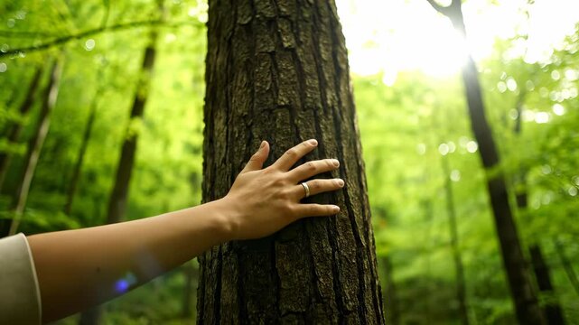 Woman's hand touching tree trunk in forest, sunlight. A serene close-up promoting connection. Environmental awareness, nature conservation, sustainable future.