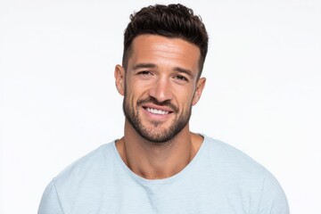Obraz premium Smiling young man with short dark hair and beard wearing a light blue shirt against a white background.