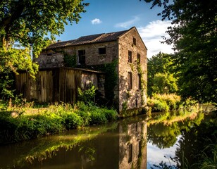 Obraz premium Old stone building beside canal