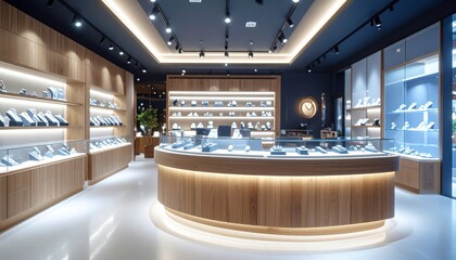 Modern jewelry store interior with elegant displays and curved counter.