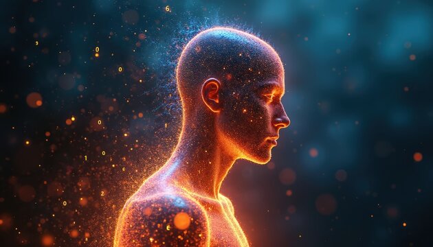 Digital human form composed of glowing binary code, 1s and 0s, in vibrant colors. Futuristic concept of artificial intelligence, mind, and cyberspace. Represents transformation, data, and technology.