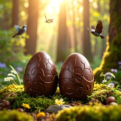 Chocolate Easter eggs in a forest