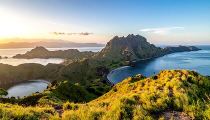 Fototapeta premium Panoramic sunrise view of a lush archipelago