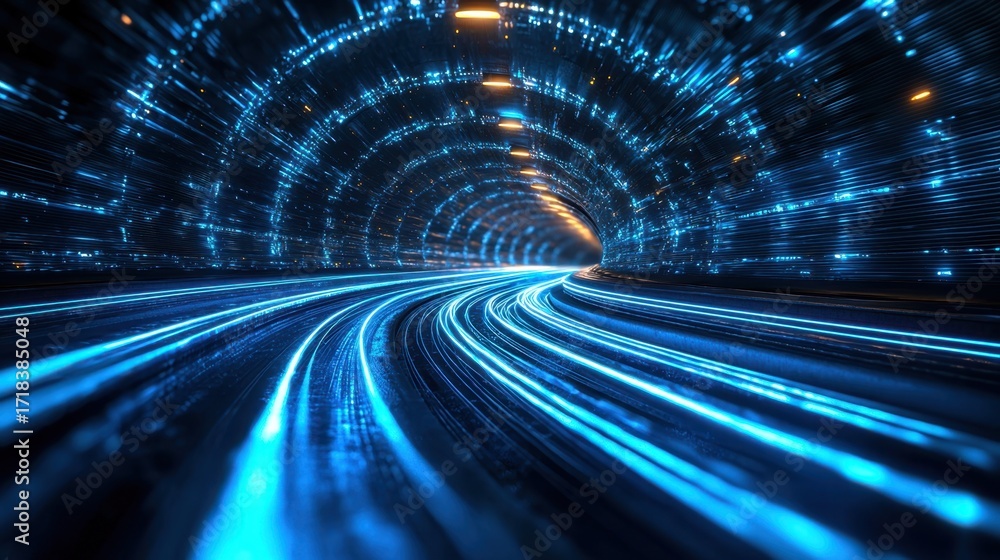 Poster Futuristic tunnel with neon light trails creating a sense of high-speed motion