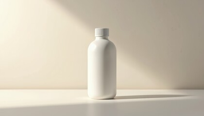 Minimalist white cylindrical bottle with smooth finish on neutral background. Clean, modern design emphasizes elegance, functionality. Suitable for beauty, skincare, cosmetic products, branding.