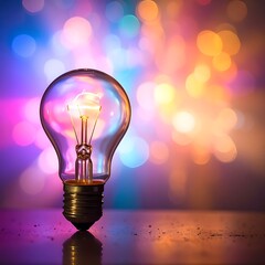 Illuminated lightbulb against colorful bokeh background