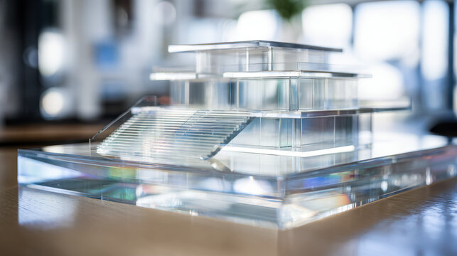 Transparent architectural model showcasing a modern multi-level building with stairs and sleek design elements on a reflective surface in natural light - Powered by Adobe