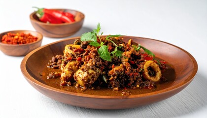 Spicy, savory dish of squid or octopus in a rich brown sauce, served on a wooden plate with chili peppers and spice.