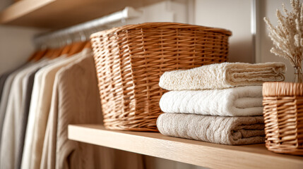 A neatly organized wooden shelf featuring folded towels, woven baskets, and neutral-toned clothing hanging in the background for an elegant home storage setup