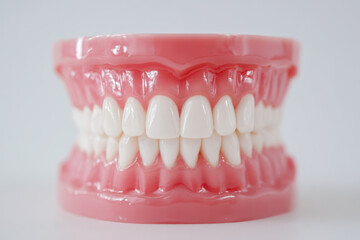 Obraz premium Detailed artificial dental model showing perfectly aligned teeth and gums used for dental education and oral health demonstrations in clinical settings