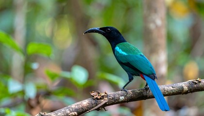 Colorful bird on branch in forest