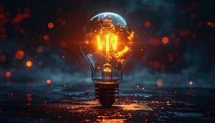 Illuminated lightbulb in a dark setting