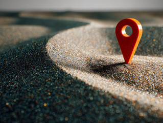 Single orange location marker standing on a sparkling textured surface highlighting navigation and pinpointing a specific position in an abstract landscape environment