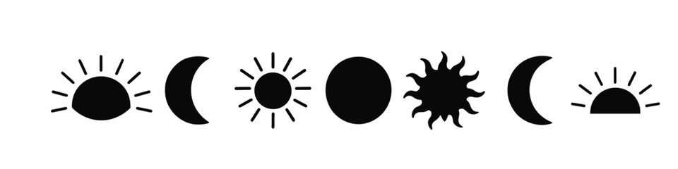 Minimalist sun and moon phases icons in silhouette style
