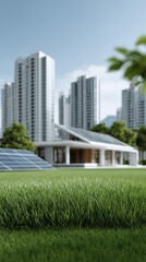 Modern home with solar panel system on a green lawn, residential area with city skyline in the background. Sustainable living and smart home concept.