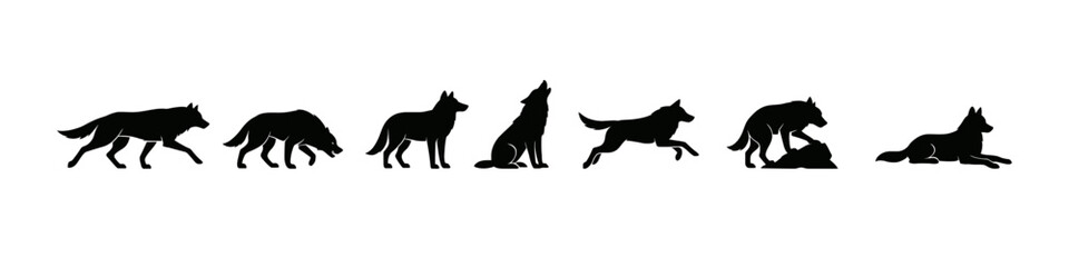 Wolf silhouette set: various poses of wolves in a minimalist style