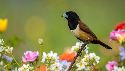 Colorful bird perched amidst blooming flowers