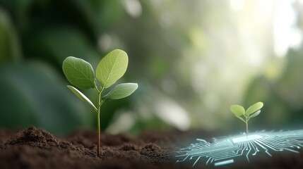 Growing seedling in dirt merging with modern circuit board, symbolizing organic life integrating with advanced technology for sustainable future.