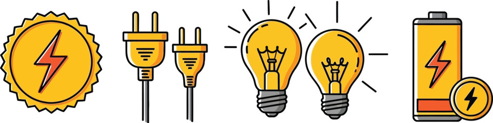 Illustration showing energy sources including lightning bolt, plugs, bulbs and a battery icon set up nicely