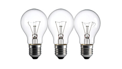 Three incandescent light bulbs, side-by-side, in a horizontal row, clear glass, metallic bases, isolated on a pure white background