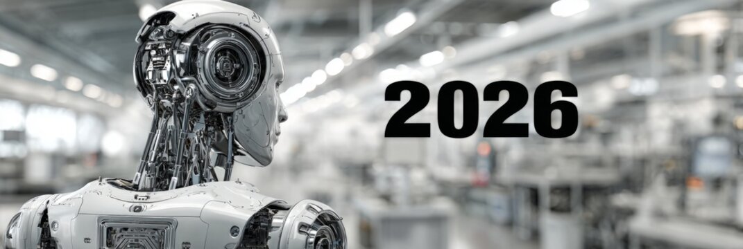 Artificial intelligence and robotics future concept, silver humanoid robot facing  typography in industrial smart factory  robotics industry,  manufacturing, futuristic automation, smart production