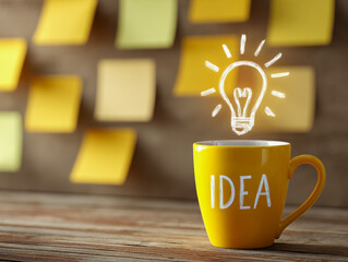 Bright yellow coffee mug labeled "idea" sitting on a wooden surface with a creative light bulb illustration floating above, surrounded by colorful sticky notes on a wall.