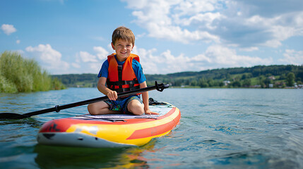 Smiling boy paddling on SUP board in summer lake