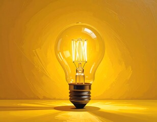 Illuminated lightbulb on a yellow background