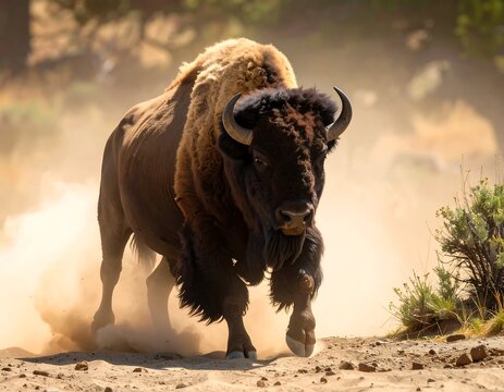 Majestic bison charging through desert dust