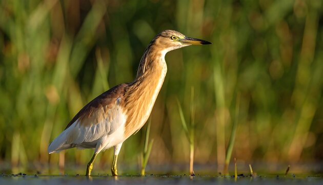 A wading bird in shallow water, sunlight illuminating its feathers