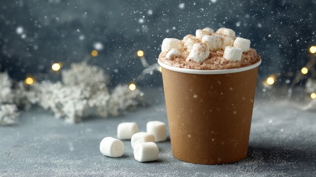 Paper cup brown clear with hot chocolate and fluffy marshmallows, generated AI