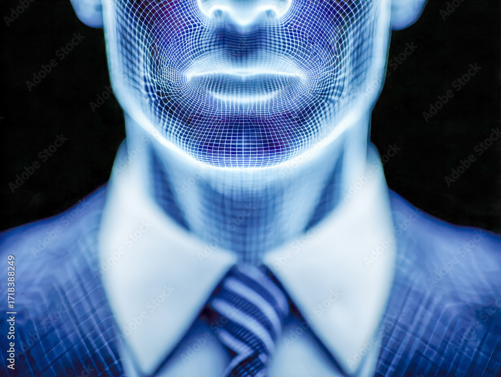 Poster digital futuristic representation of a man in formal attire with a glowing wireframe mesh face and n