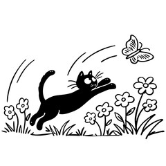 A playful black cat leaps through a field of stylized flowers in pursuit of a whimsical butterfly captured in a charming hand drawn illustration