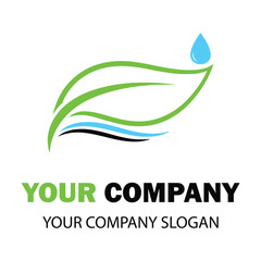 Obraz premium Vector art of green leaf with water drop and blue waves logo