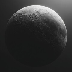 Naklejka premium A grayscale depiction of a textured celestial body, highlighting its cratered surface against a dark cosmic backdrop.