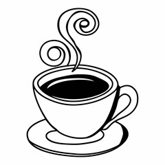 A simple black and white line drawing of a steaming cup of coffee on a saucer with swirling steam rising elegantly from the hot beverage